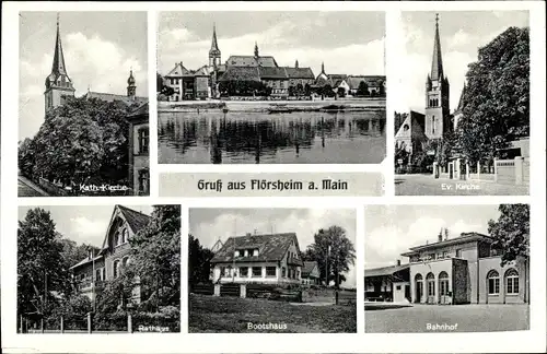 Ak Flörsheim am Main, Evangelische Kirche, Bahnhof, Kath. Kirche, Rathaus, Bootshaus