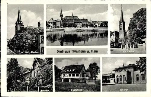 Ak Flörsheim am Main, Evangelische Kirche, Bahnhof, Kath. Kirche, Rathaus, Bootshaus