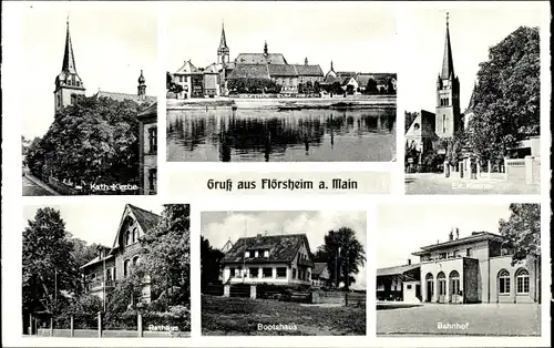 Ak Flörsheim am Main, Evangelische Kirche, Bahnhof, Kath. Kirche, Rathaus, Bootshaus