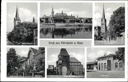 Ak Flörsheim am Main, Evangelische Kirche, Bahnhof, Kath. Kirche, Rathaus, Schule