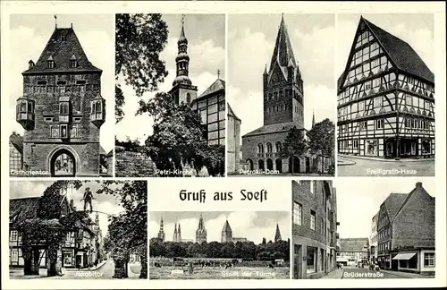 Ak Soest in Westfalen, Petri Kirche, Osthofentor, Jakobitor, Freiligrathhaus, Brüderstraße