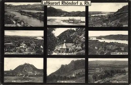 Ak Rhöndorf Bad Honnef am Rhein, Siebengebirge, Drachenfels, Gesamtansicht, Kloster Nonnenwerth