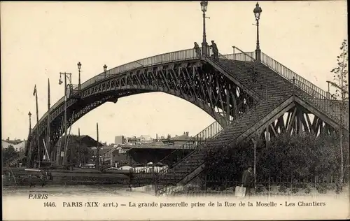 Ak Paris XIX., La grande passerelle prise de la Rue de la Moselle, les Chantiers