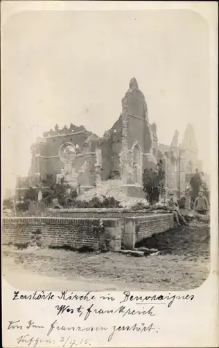 Foto Ak Beuvraignes Somme, Zerstörte Kirche, 1915