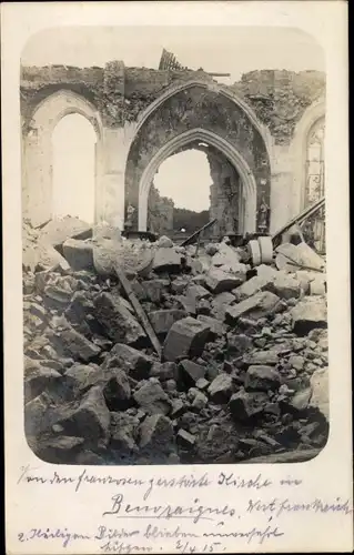 Foto Ak Beuvraignes Somme, Zerstörte Kirche, 1915
