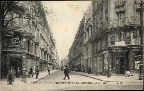 Ak Paris XVII., Pharmacie, Rue Legendre prise de l'avenue de Clichy