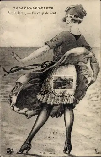 Ak Palavas les Flots Herault, Sue la Jetee, Un coup de vent..., Frau zeigt Unterwäsche