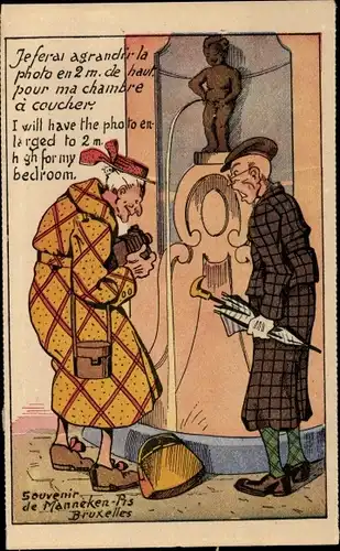 Ak Bruxelles Brüssel, Manneken Pis, Pinkelnder Junge, Ehepaar, Handtasche