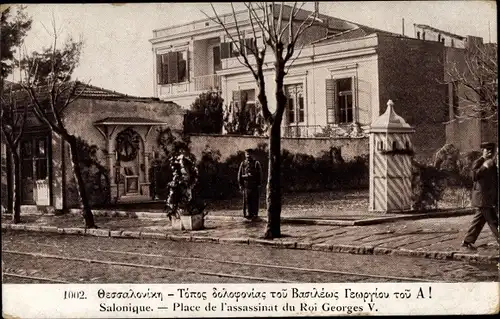 Ak Salonique Griechenland, Place de l'assassinat du Roi Georges V.