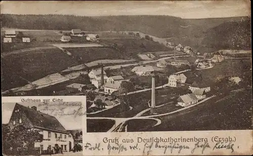 Ak Deutschkatharinenberg Deutschneudorf im Erzgebirge, Ort aus Vogelschau, Gasthof zur Eiche