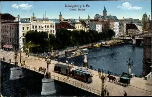 Ak Kaliningrad Königsberg Ostpreußen, Grüne Brücke, Straßenbahn, Synagoge