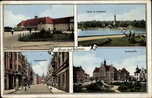 Ak Wanne Herne im Ruhrgebiet, neuer Bahnhof, Stadtparkpartie, Rathausplatz, Ziethenstraße