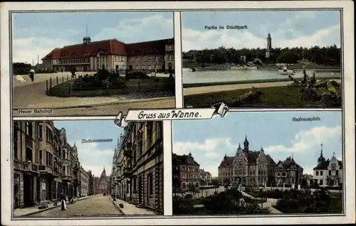 Ak Wanne Herne im Ruhrgebiet, neuer Bahnhof, Stadtparkpartie, Rathausplatz, Ziethenstraße