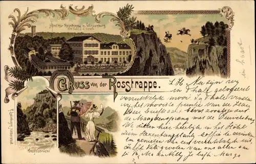 Litho Thale im Harz, Hotel zur Roßtrappe, Winzenburg, Teufelsbrücke, Wanderer, Sprungsage