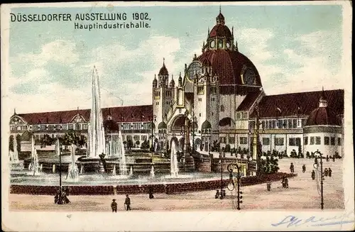 Litho Düsseldorf am Rhein, Ausstellung 1902, Hauptindustriehalle, Springbrunnen