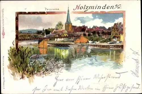 Litho Holzminden an der Weser, Panorama, Brücke, Kirche