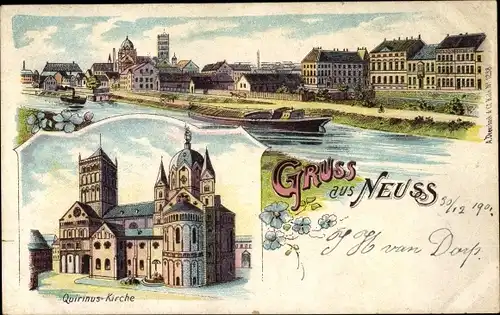 Litho Neuss am Rhein, Quirinus Kirche, Blick auf den Ort