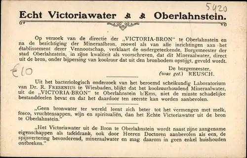 Ak Oberlahnstein Lahnstein am Rhein, Reklame, Echt Victoriawater, Abfüllhalle