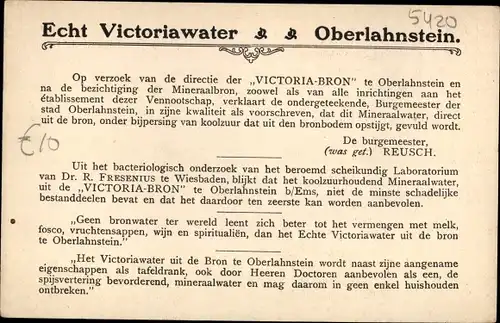 Ak Oberlahnstein Lahnstein am Rhein, Reklame, Echt Victoriawater, Abfüllhalle