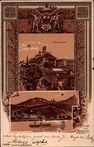 Mondschein Passepartout Litho Königswinter, Drachenfels, Rheinpartie mit Drachenburg