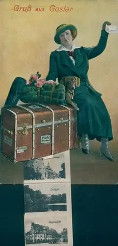 Leporello Ak Goslar am Harz, Zwinger, Stadtansichten, Frau mit Koffer und Dackel