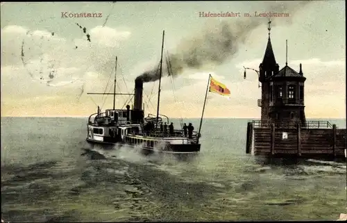 Ak Konstanz am Bodensee, Salondampfer, Hafeneinfahrt, Leuchtturm, Fahne, Rauch