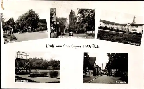 Ak Steinhagen in Westfalen, Dorfmitte, Kirche, Volksschule, Freibad, Dorfstraße