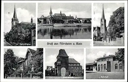 Ak Flörsheim am Main, Evangelische Kirche, Bahnhof, Kath. Kirche, Rathaus, Schule