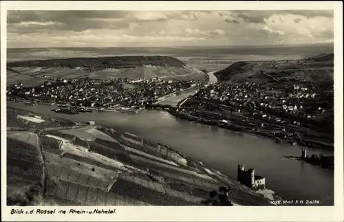 Ak Rüdesheim am Rhein, Blick v. d. Rossel ins Rhein- u. Nahetal