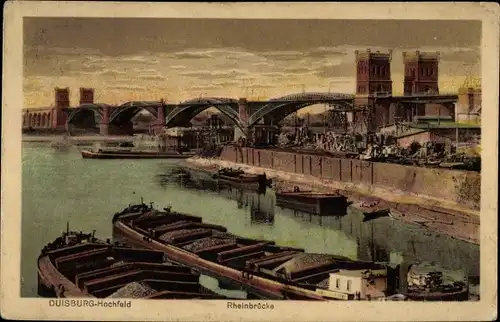 Ak Duisburg Hochfeld, Rheinbrücke, Hafenpartie