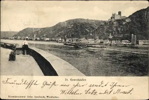 Ak Sankt Goarshausen am Rhein, Blick zur Stadt mit Burg, Salondampfer