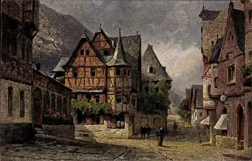 Künstler Ak Astudin, Bacharach am Rhein, Blick auf das alte Haus mit Turm