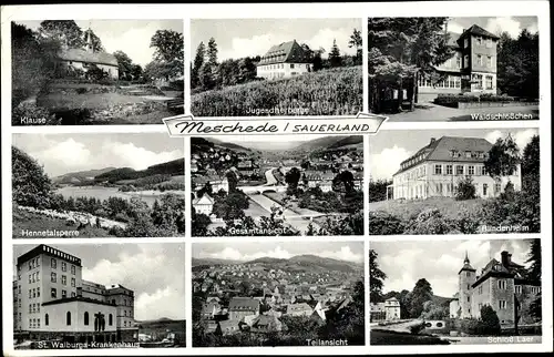 Ak Meschede im Sauerland, Waldschlösschen, Klause, Jugendherberge,  Schloss Laer, St. Walburga Krkh.