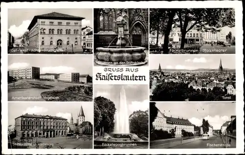 Ak Kaiserslautern in der Pfalz, Fruchthalle, Fackelbrunnen, Pfalztheater, Stiftskirche, Fischerstr.