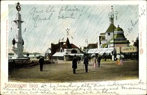 Ak Düsseldorf, Cafè Weitz, Denkmal, Passanten, Ausstellung 1902