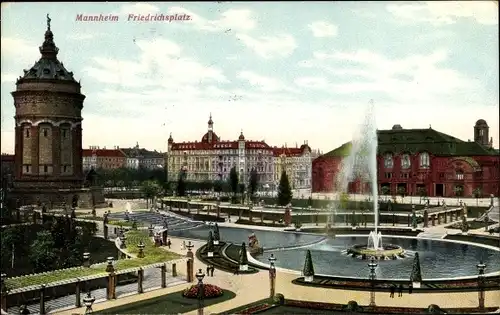 Ak Mannheim in Baden, Friedrichsplatz, Fontäne, Wasserturm