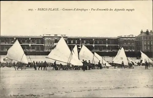 Ak Berck Plage Pas de Calais, Concours d'Aeroplages, Vue d'ensemble des Appareils engages