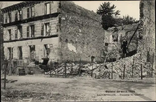 Ak Badonviller Badenweiler Meurthe et Moselle, Brasserie H. Geoffroy, Zerstörungen 1. WK