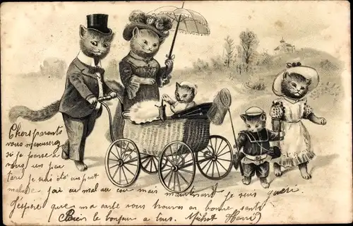 Litho Vermenschlichte Katzenfamilie, Kinderwagen, Baby mit Maus