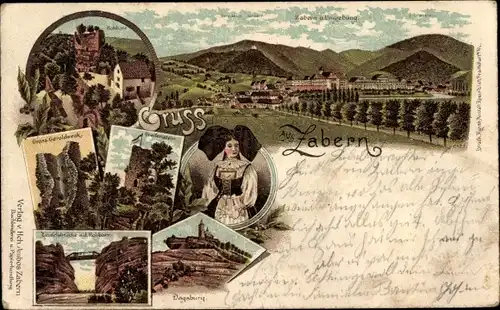 Litho Saverne Zabern Elsass Bas Rhin, Château du Haut-Barr, Dagsburg, Teufelsbrücke, Frau in Tracht