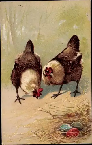Ak Glückwunsch Ostern, Zwei Hühner an einem Ostereiernest