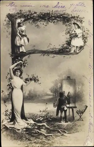 Buchstaben Ak P, Kinder stehen auf einem Baum, Maler mit Staffelei, Frau
