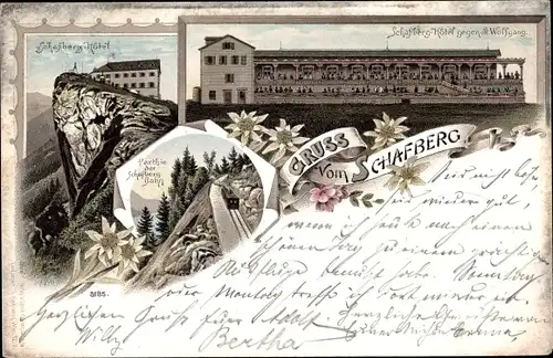 Litho St. Wolfgang im Salzkammergut Oberösterreich, Schafbergspitze, Schafberg Hotel, Zahnradbahn