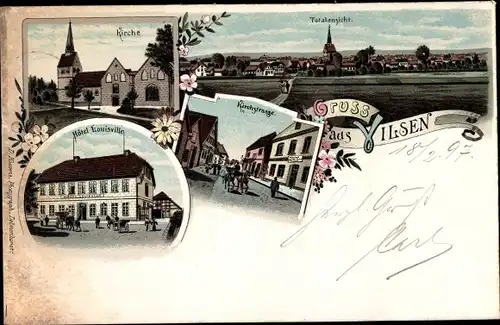 Litho Bruchhausen Vilsen Landkreis Diepholz, Kirchstraße, Panorama, Hotel Louisville, Kirche