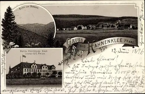 Litho Hahnenklee Goslar Harz, Blick vom Borberg, Hotel Deutsches Haus, Inh. G.C. Frick