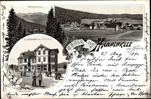 Litho Hahnenklee Goslar Harz, Granethal, Logierhaus E. Steinhoff, Blick auf den Ort