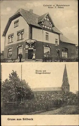 Ak Sülbeck Nienstedt, Geschäft von Heinr. F. Dehne, Kirche mit Kriegerdenkmal