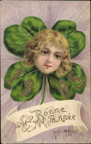 Präge Litho Glückwunsch Neujahr, Jahreszahl 1905, Kinderportrait, Kleeblatt