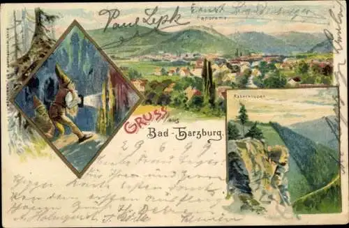 Litho Bad Harzburg am Harz, rabenklippen, Blick auf den Ort, Zwerge im Stollen