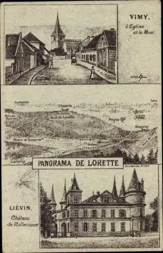 Ak Vimy Pas de Calais, L'Eglise et le Mont, Panorama de Lorette, Lievin, Chateau de Rollencourt
